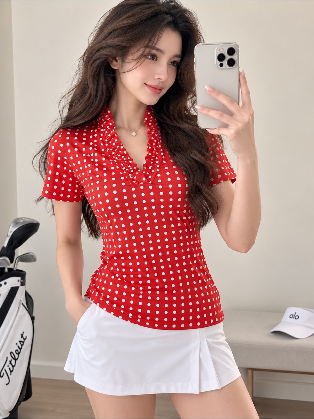 CEGOLFS Women’s Red Polka Dot Ruffle V-Neck Golf Polo Top Size M